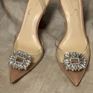 Jessica Simpson Clear and Tan Embellished Heels